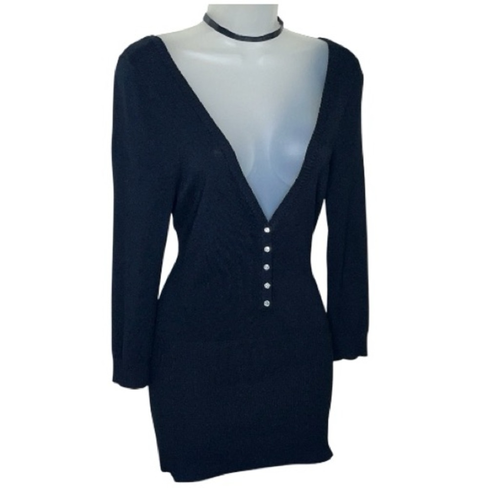 Y2K Guess Diamond Button Up Deep V Neck Plunge Ribbed Hem Long Cardigan Black XS